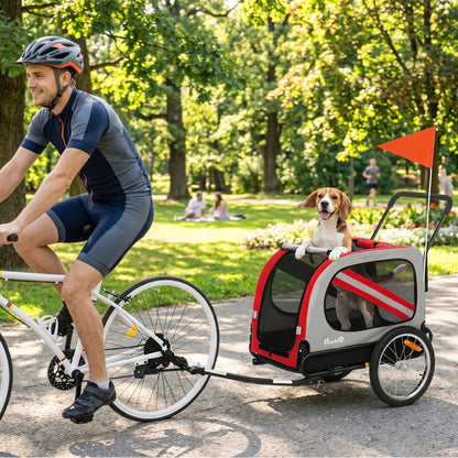 2-in-1 Dog Bike Trailer & Stroller | Mesh Windows | Plastic Curtain | Safety Harness, Flag & Reflectors | Foldable Quick-Release Wheels | Dogs up to 20kg | Red