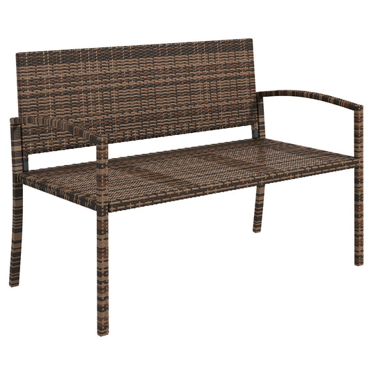 2 Seater Rattan Garden Bench Loveseat | High Back | Armrests | UV & Weather Resistant PE Wicker | Metal Frame | Foot Pads | 240kg | 122x60x85cm | Brown