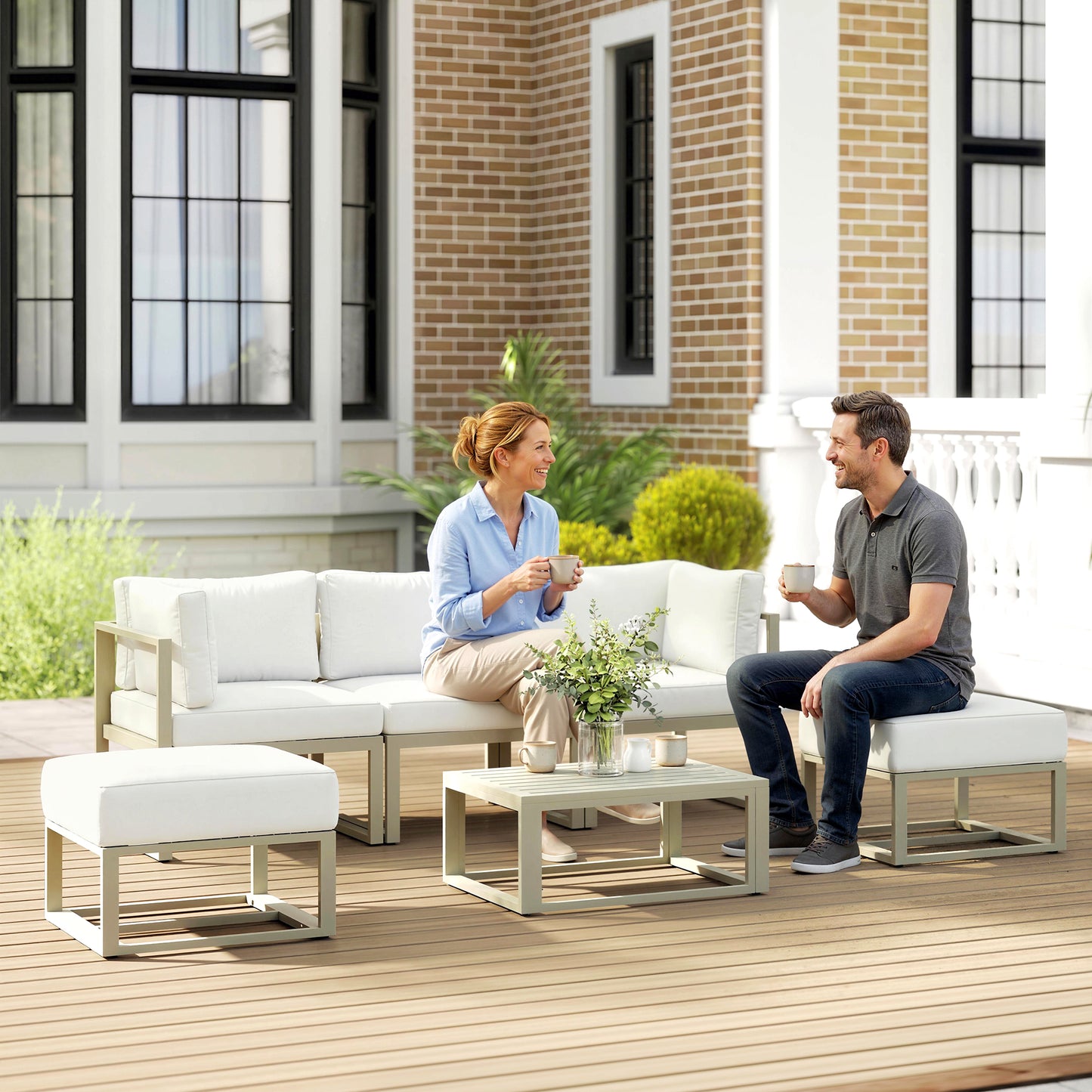 6-Piece 2-in-1 Garden Daybed & Sofa Set | Converts to Sectional Sofa | Aluminium Frame | 10-18cm Cushions | Washable Covers | Footstools Store Under Corners | 160kg Capacity | Cream & Rose Gold