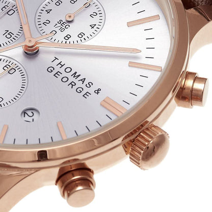 Thomas & George Ottawa 43 Quartz Chronograph Watch | 43mm Round Rose-Gold-Tone Case & Silver Dial | 20mm Brown Leather Strap