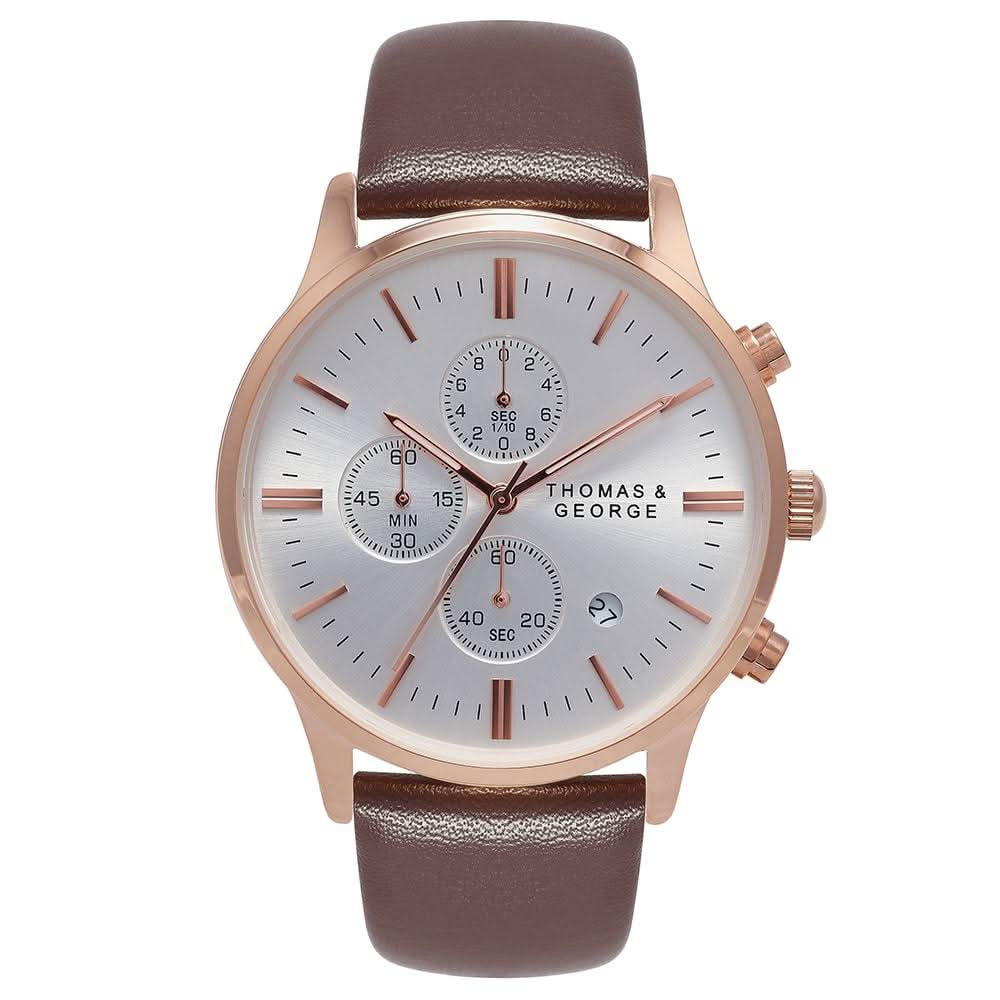 Thomas & George Ottawa 43 Quartz Chronograph Watch | 43mm Round Rose-Gold-Tone Case & Silver Dial | 20mm Brown Leather Strap