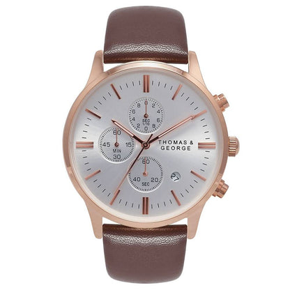 Thomas & George Ottawa 43 Quartz Chronograph Watch | 43mm Round Rose-Gold-Tone Case & Silver Dial | 20mm Brown Leather Strap