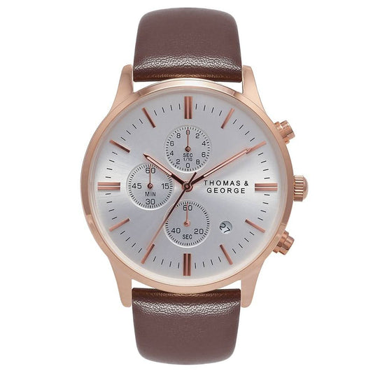 Thomas & George Ottawa 43 Quartz Chronograph Watch | 43mm Round Rose-Gold-Tone Case & Silver Dial | 20mm Brown Leather Strap