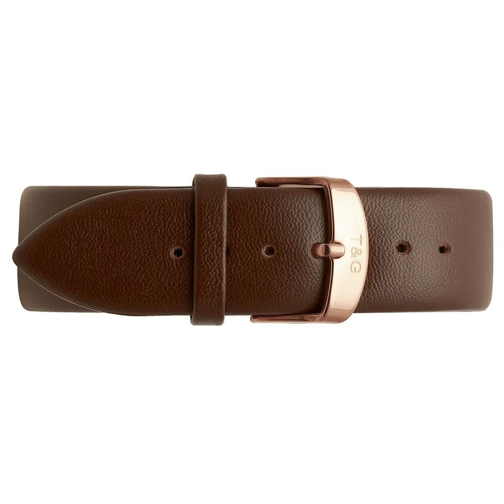 Thomas & George Ottawa 43 Quartz Chronograph Watch | 43mm Round Rose-Gold-Tone Case & Silver Dial | 20mm Brown Leather Strap