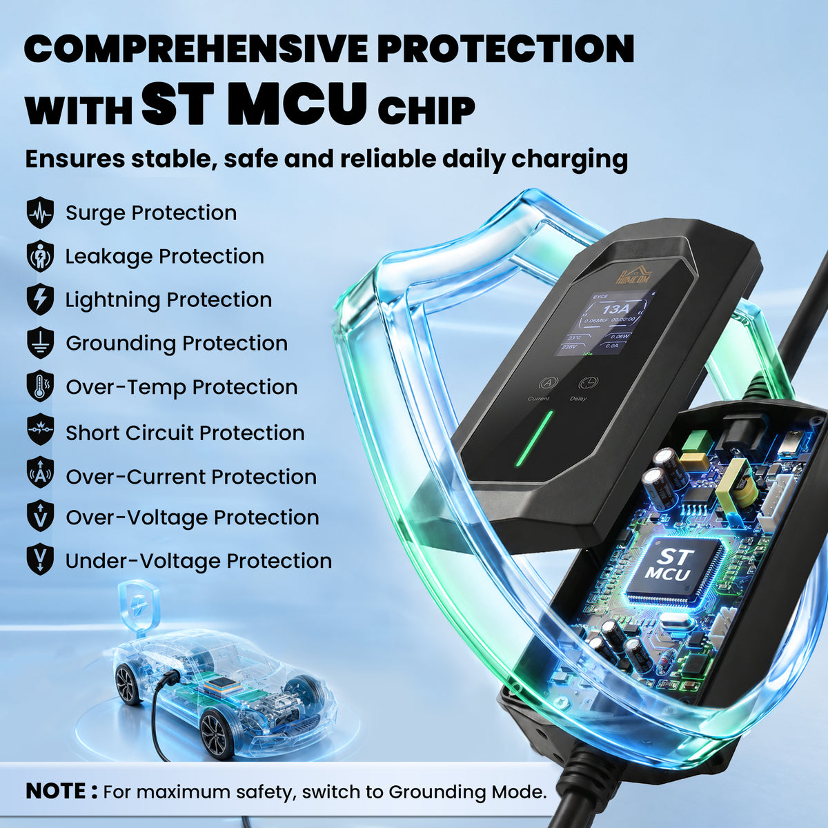2.8kW Type 2 EV Charger with UK 3-Pin Plug | 10m IP65 TPU Cable | 6-13A Adjustable | LCD Display | 1-12h Delay Timer | ST MCU Chip | CE RoHS | -30°C to +50°C | Black