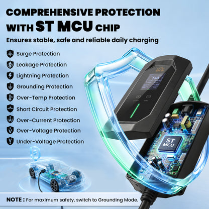 2.8kW Type 2 EV Charger with UK 3-Pin Plug | 10m IP65 TPU Cable | 6-13A Adjustable | LCD Display | 1-12h Delay Timer | ST MCU Chip | CE RoHS | -30°C to +50°C | Black