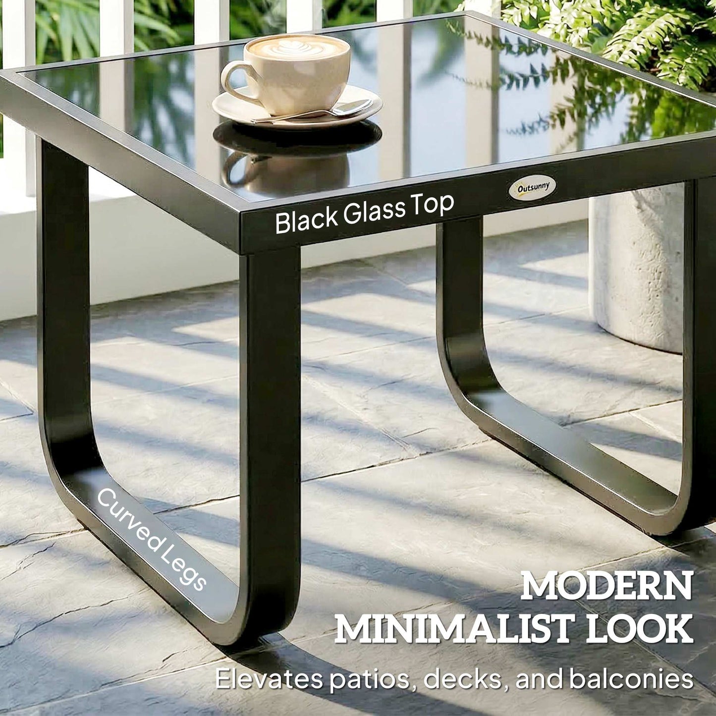 Outdoor Garden Coffee Table | Tempered Glass Top | Powder Coated Metal Frame | Adjustable Feet | 45x45x33cm | 30kg | Black