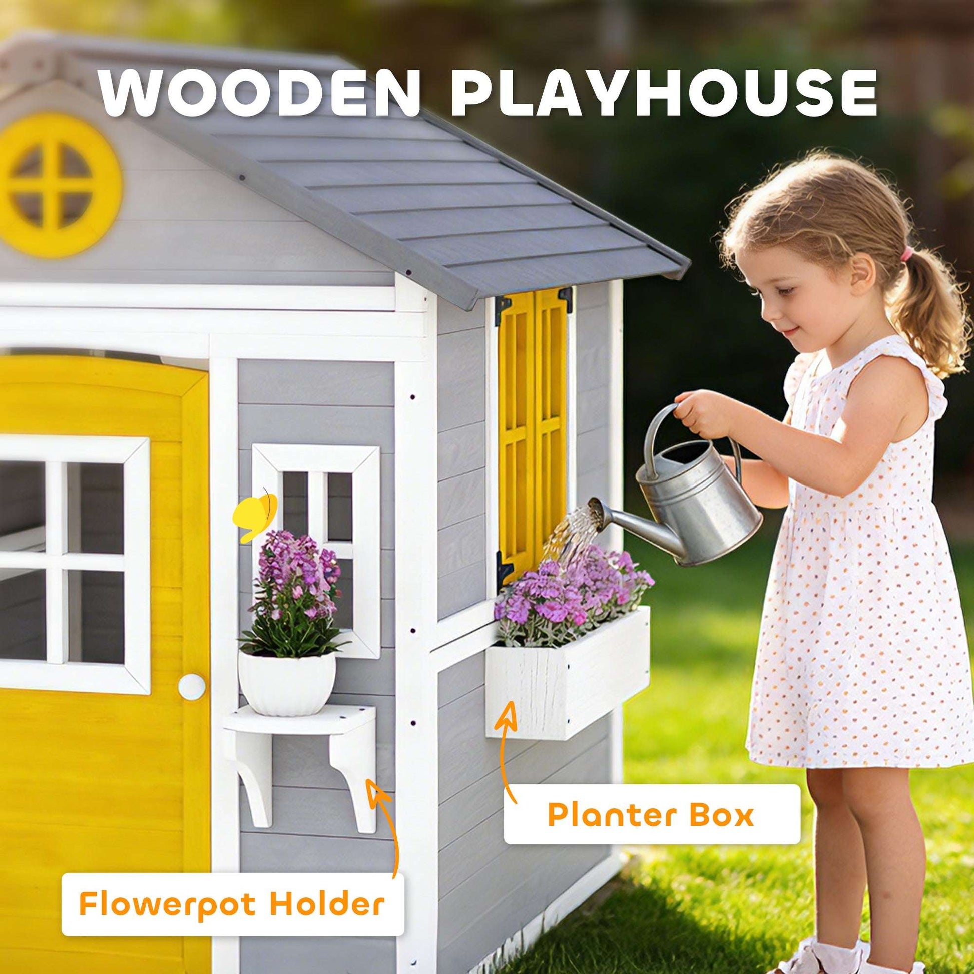 Solid Fir Wood Kids Outdoor Playhouse | Openable Windows | Planter Boxes & Plant Pots | Sloped Roof | EN71 Certified | Ages 3-8 | 135x114x126cm | Grey Yellow & White