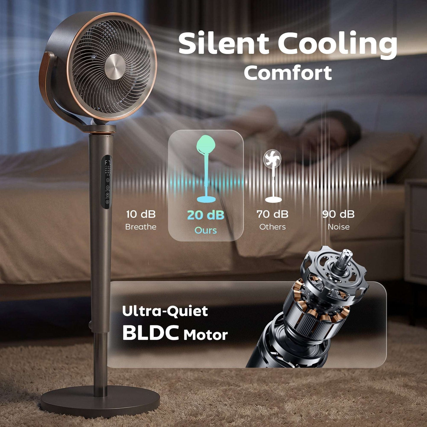 BLDC Pedestal Air Circulator Fan | 20dB Sleep Mode | 717 CFM | 12 Speeds | 3D Oscillation 70°+90° | Night Light & Aromatherapy | Washable Grill | 5m Remote | 12H Timer | 50W | 116.5cm | Grey