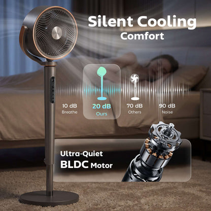 BLDC Pedestal Air Circulator Fan | 20dB Sleep Mode | 717 CFM | 12 Speeds | 3D Oscillation 70°+90° | Night Light & Aromatherapy | Washable Grill | 5m Remote | 12H Timer | 50W | 116.5cm | Grey