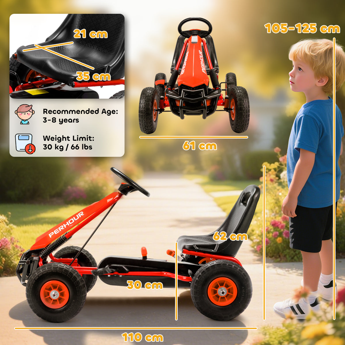 AIYAPLAY Kids Pedal Go-Kart | Red or Blue | 110x61x62cm | Ø25cm EVA Wheels | Adjustable Seat 30cm | 5cm Adjustment | Manual Brake & Clutch | Steel Frame | 30kg Max | Age 3-8 | Height 105-125cm | EN71