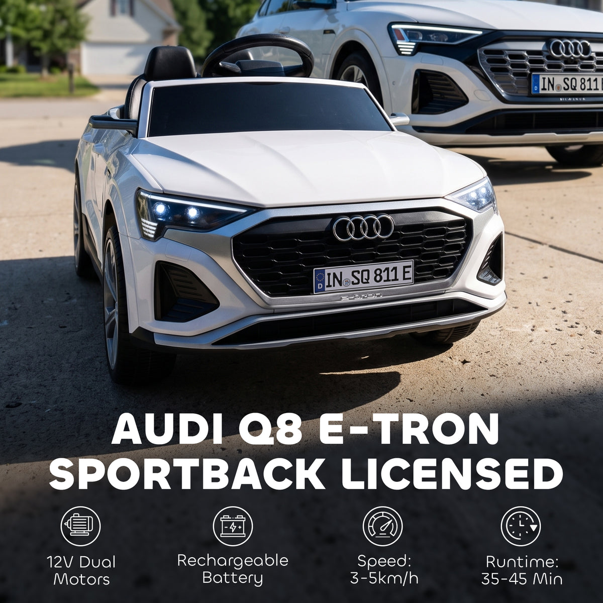 Licensed Audi Q8 e-tron Sportback Kids Ride On Car | Parental Remote | 4-Wheel Suspension | Soft Start | LED Lights | MP3 | Ages 3–4 | White or Black