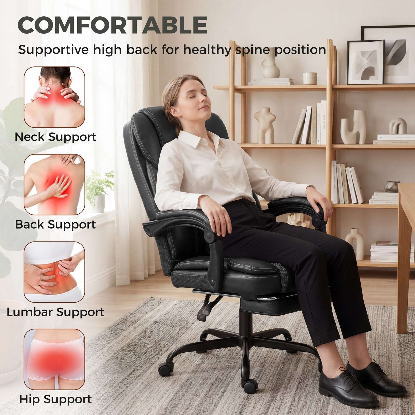 High-Back Executive Reclining Office Chair | 90-135° Recline | Linkage Armrests | Retractable Footrest | Pocket Spring & Foam Seat | PU Leather | EN1335 & BS5852 | 120kg | Black