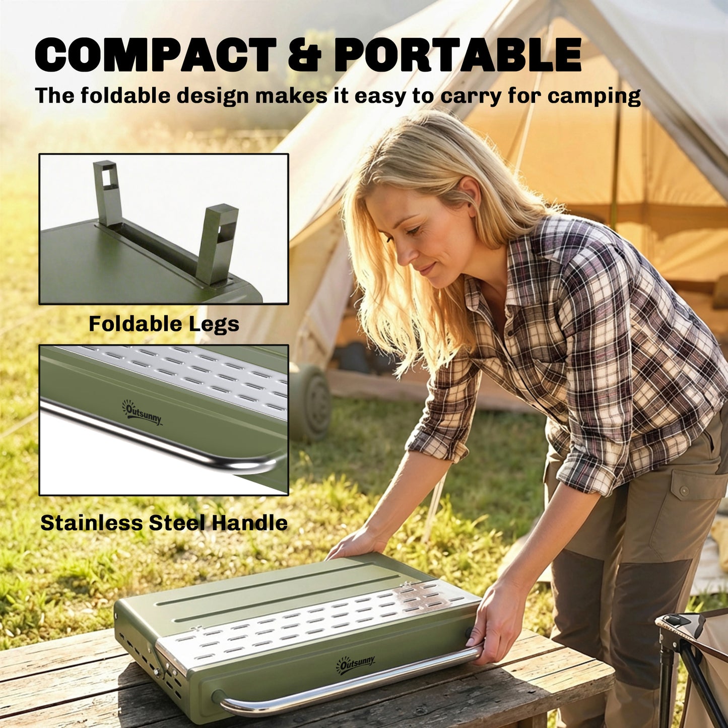 Portable Charcoal BBQ Grill | 3 Adjustable Grate Heights | 304 Stainless Steel | Foldable Legs | Side Shelf | No Assembly | 52x37x31.8cm | Green