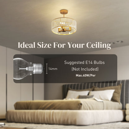 Crystal Ceiling Light Fixture, Semi Flush Mount Modern Crystal Chandelier Ceiling Light for Living Room, Bedroom, Hallway,  Dining Room, E14 Base 3-Lights, Gold Tone