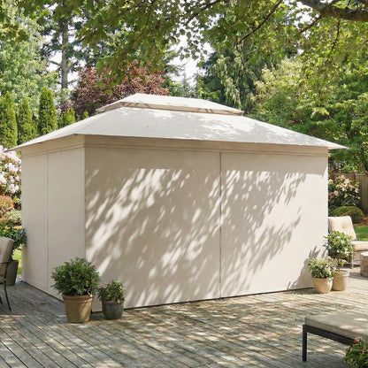 4x3m Permanent Garden Gazebo & Pavilion | UPF50+ | Privacy Curtains | Mesh Netting | Drainage | Metal Frame | Beige