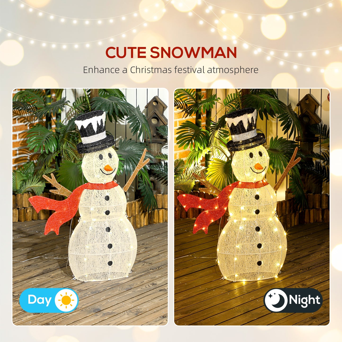 Outsunny 3FT Lighted Christmas Snowman, Waterproof Light up Yard Decor with 78 Warm-White LED Lights for Indoor Outdoor Garden, White
