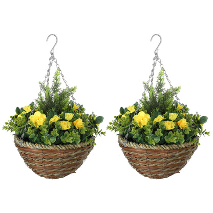 Pack of 2 Faux Plant Artificial Lisianthus Flowers Hanging Planter with Basket for Indoor Outdoor Decoration, Orange / Yellow
