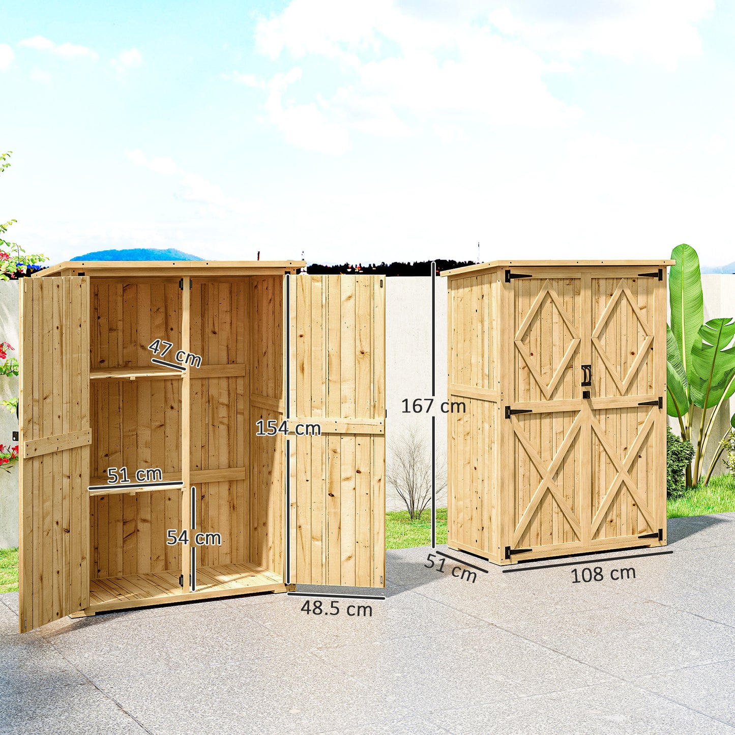 Wooden Garden Storage Shed, Tool Storage Cabinet with Asphalt Roof and 2 Shelves for Garden Tools, Equipment, Outdoor Tool Shed with Double Doors, Natural