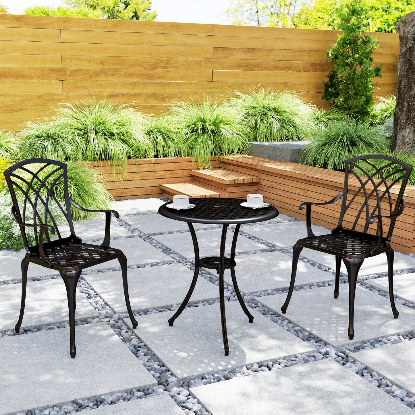 Outsunny 3 Pieces Garden Dining Set for 2, Cast Aluminium Outdoor Garden Furniture Dining Set with 2 Armchairs and Round Table