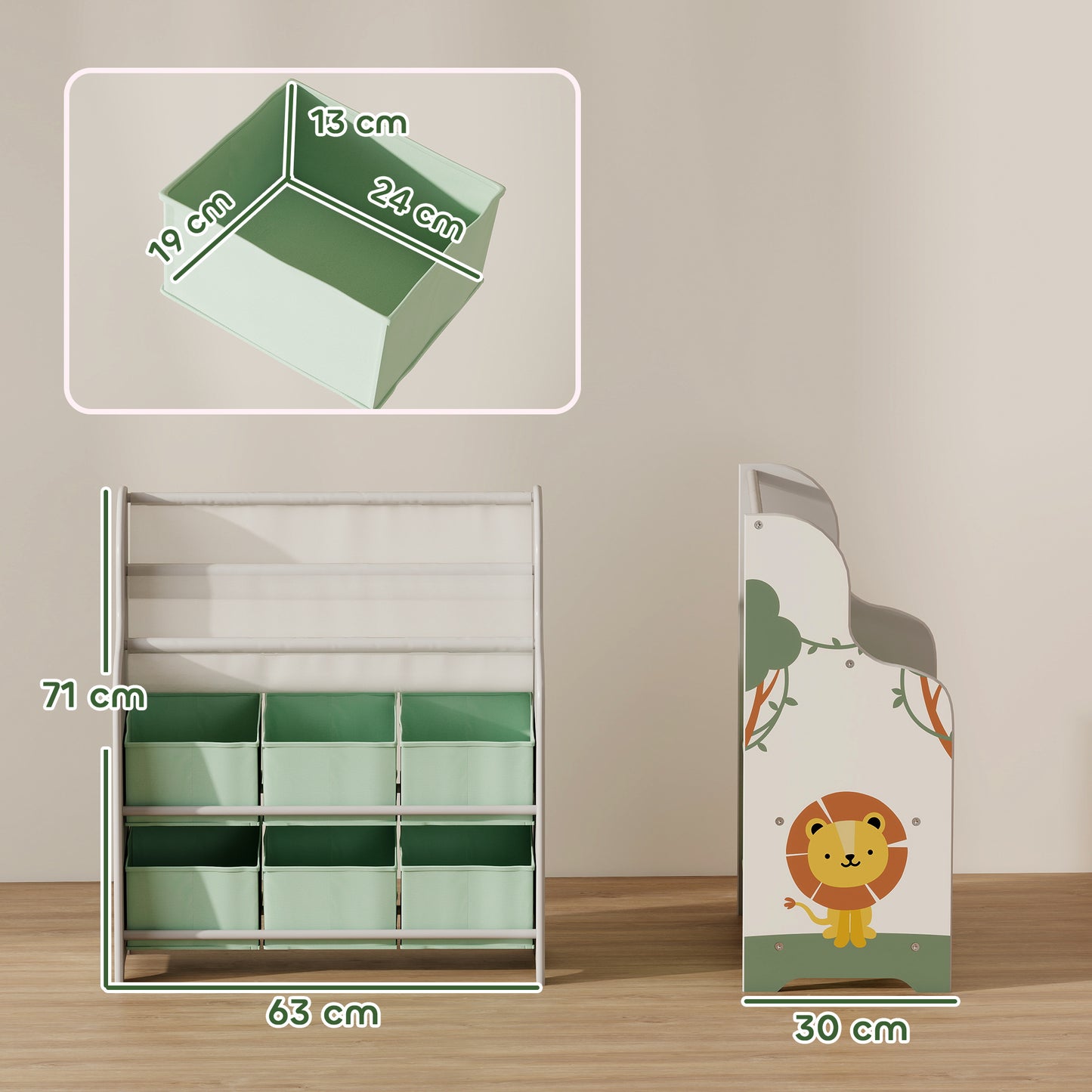 Kids Storage Unit with 6 Fabric Drawers & 2-Tier Sling Book Rack – Star Pattern, Rounded Corners, EN71 Tested, For Bedroom, Playroom & Nursery – Green