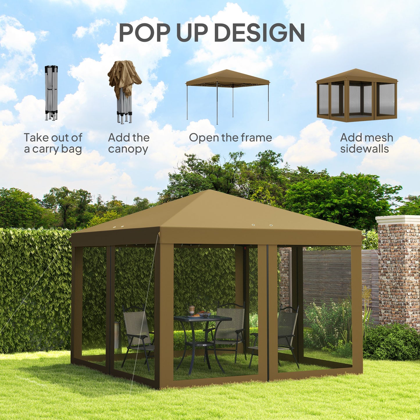 3 x 3 m Pop Up Gazebo, 420D Garden Tent Canopy with Removable Mesh Sidewall Netting, Carry Bag for Garden Patio Outdoor