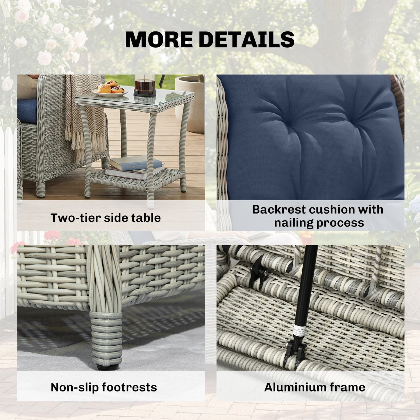 5 Piece Rattan Garden Furniture Set | 2 Reclining Chairs & 2 Footstools | Side Table | 90-135° Backrest | Aluminium Frame | Washable Cushions | 120kg | Dark Blue