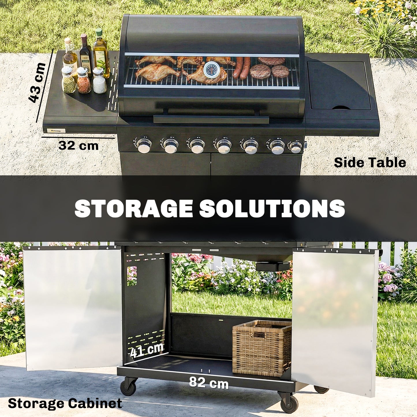 6+1 Burner Gas BBQ Grill | 3200cm² | 8-12 People | Side Burner | Warming Rack | Thermometer & Glass Window | Cabinet | Wheels | LPG | 146cm | Black