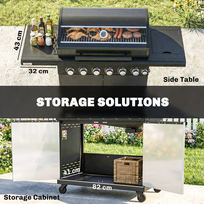 6+1 Burner Gas BBQ Grill | 3200cm² | 8-12 People | Side Burner | Warming Rack | Thermometer & Glass Window | Cabinet | Wheels | LPG | 146cm | Black