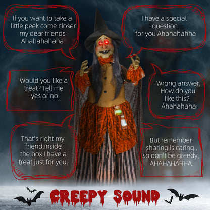 183 cm Life Size Halloween Animated Standing Fat-Faced Witch with Red Light Up Eyes, Sound Activated Moving Arms & Head, Scary Witch Halloween Decorations, Battery Operated, Indoor Party Props