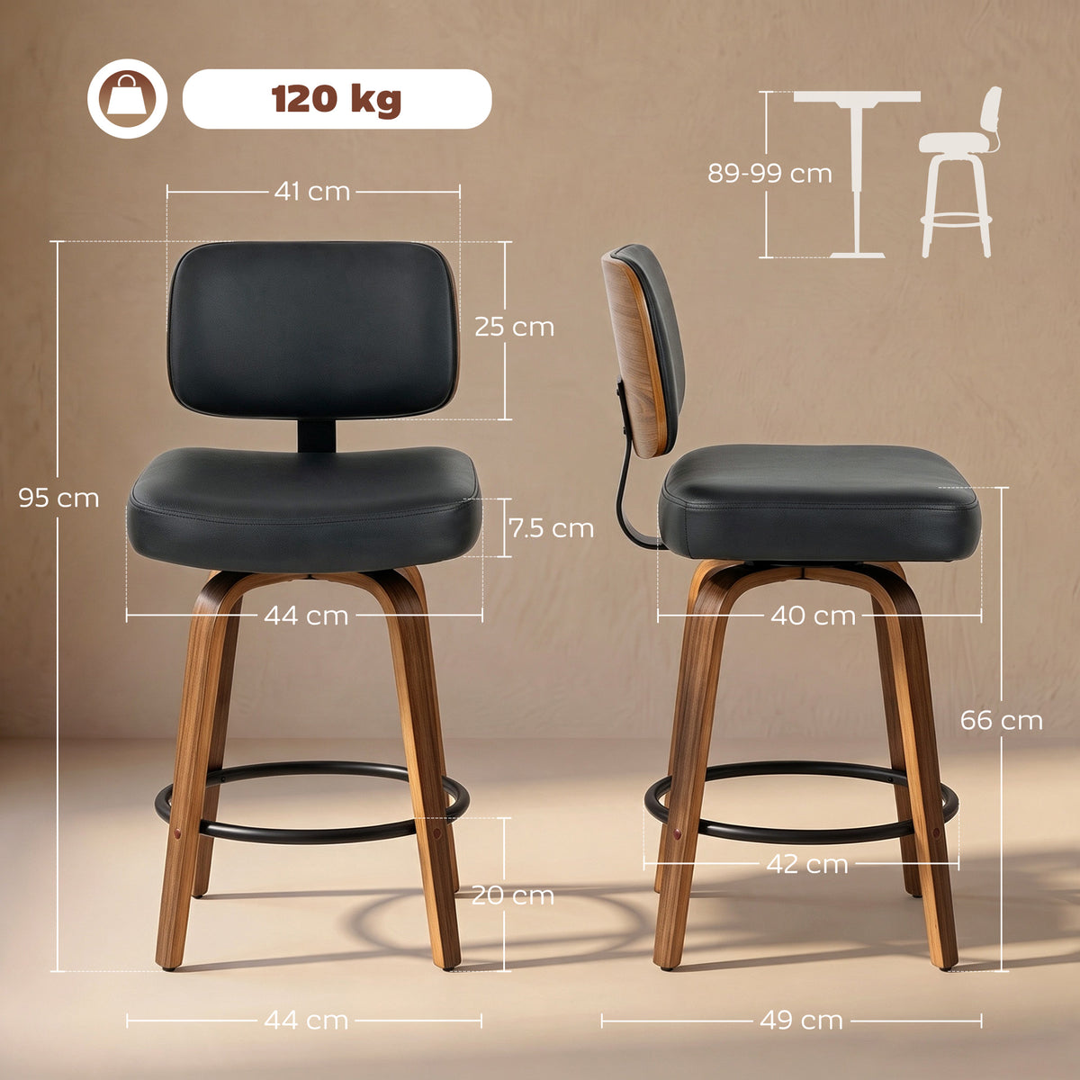 Bar Stools Set of 2 | 360° Swivel | 66cm Seat Height | 7.5cm Padded PU Seat | Curved Backrest | Steel Footrest | Poplar Wood Frame | Fire-Retardant Foam | 44x49x95cm | 120kg | Fits 89–99cm Bar Tables | Black