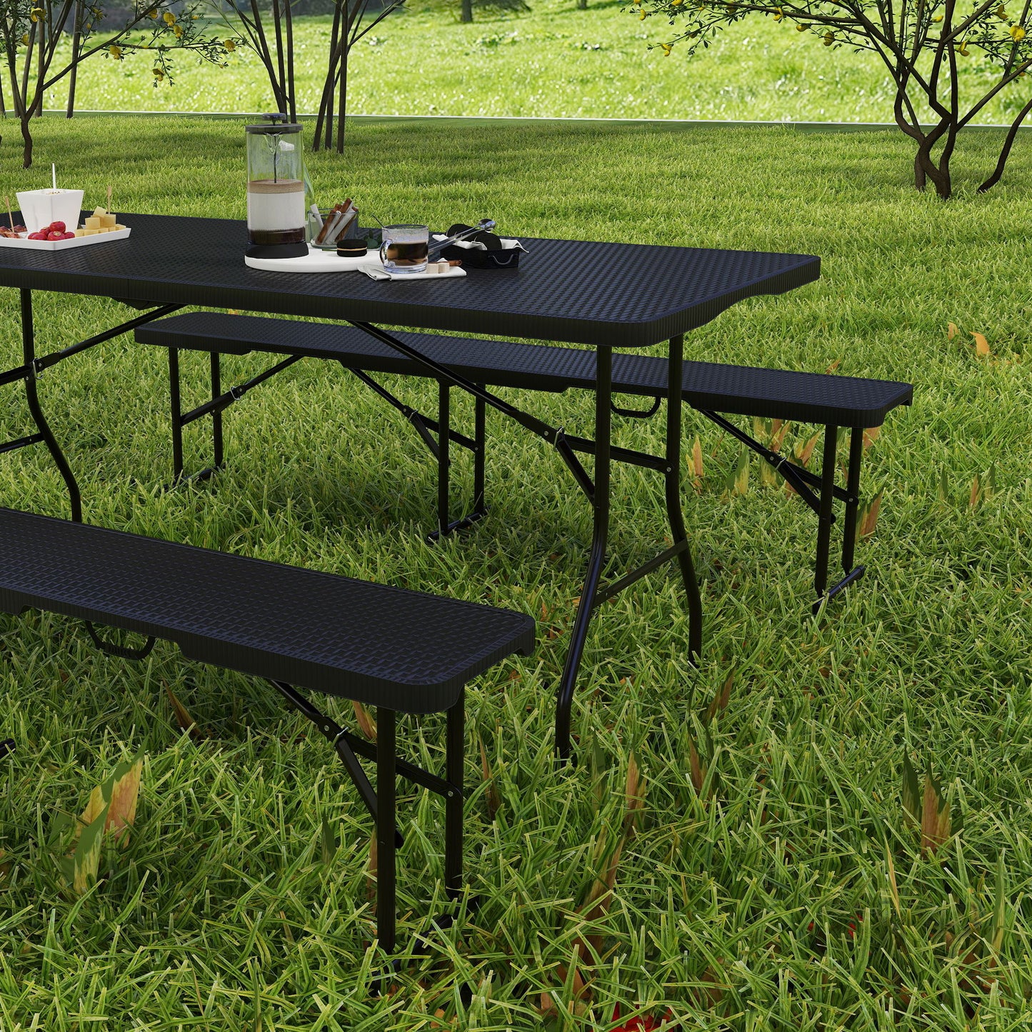 Folding Picnic Table and Bench Set, Rattan Effect Portable Camping Table and Chairs for Indoor Outdoor, Dining, Camping, Picnic, BBQ, Party