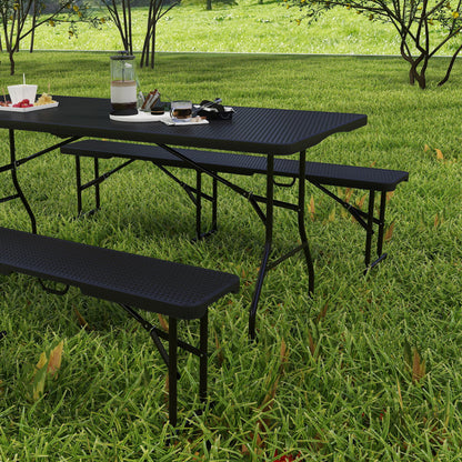 Folding Picnic Table and Bench Set, Rattan Effect Portable Camping Table and Chairs for Indoor Outdoor, Dining, Camping, Picnic, BBQ, Party