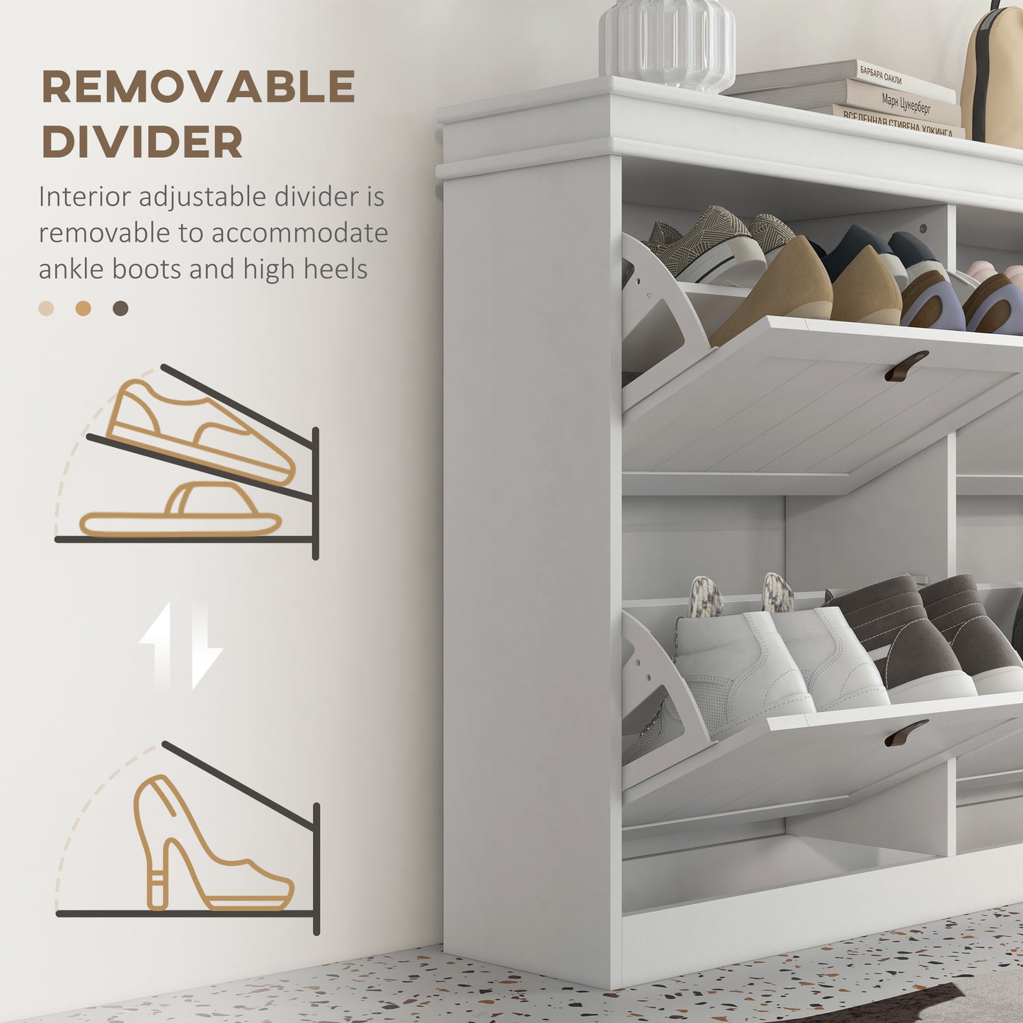 Slim Shoe Cabinet | 4 Drop-Down Doors | 16-20 Pairs | Adjustable Shelves | Anti-Tip | White | 105x24cm