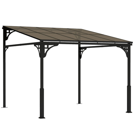 3x2.87m Wall Mounted Hardtop Lean-To Pergola | Polycarbonate Roof | Heavy-Duty Galvanised Frame | Reinforced Columns | Windproof Level 6 | Snow Load 5-10kg | All Hardware Included | Brown