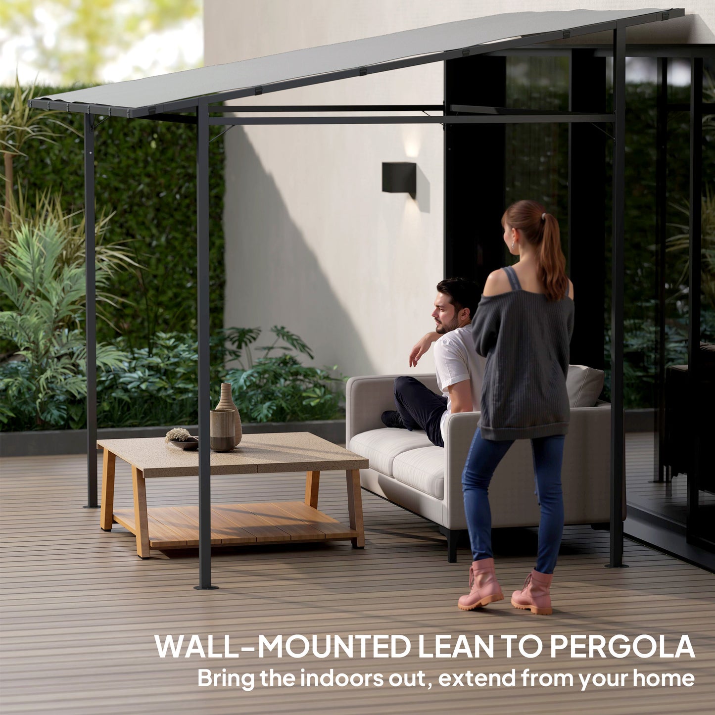 Wall Mounted Lean-To Pergola Gazebo | 2.4x2.4m | 180g PA Coating Fabric | UPF30+ | Splash-Resistant | Powder-Coated Metal Frame | Hook & Loop Fasteners | Ground Stakes | Light Grey