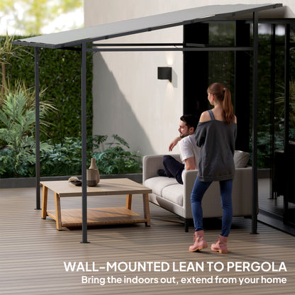 Wall Mounted Lean-To Pergola Gazebo | 2.4x2.4m | 180g PA Coating Fabric | UPF30+ | Splash-Resistant | Powder-Coated Metal Frame | Hook & Loop Fasteners | Ground Stakes | Light Grey