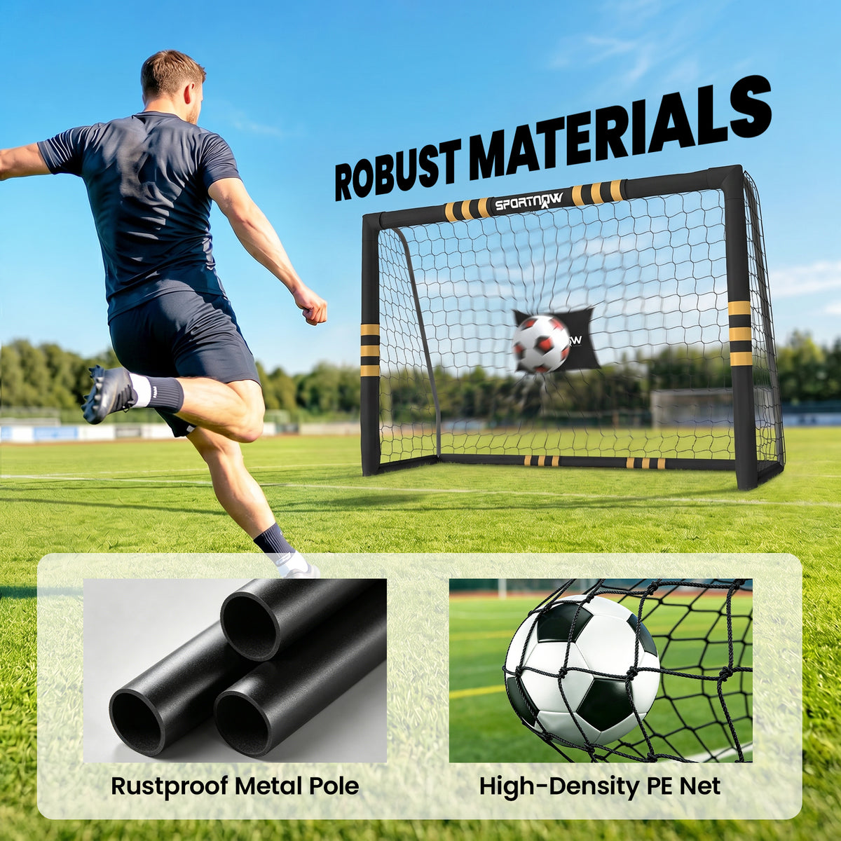 SPORTNOW Portable Football Goal | Black & Yellow | 8x5ft or 6x4ft | EPE Foam Padding 1.6cm | PVC-Wrapped Posts | 6 Ground Stakes | Metal Frame | PE Net | Age 5+ | Garden Training