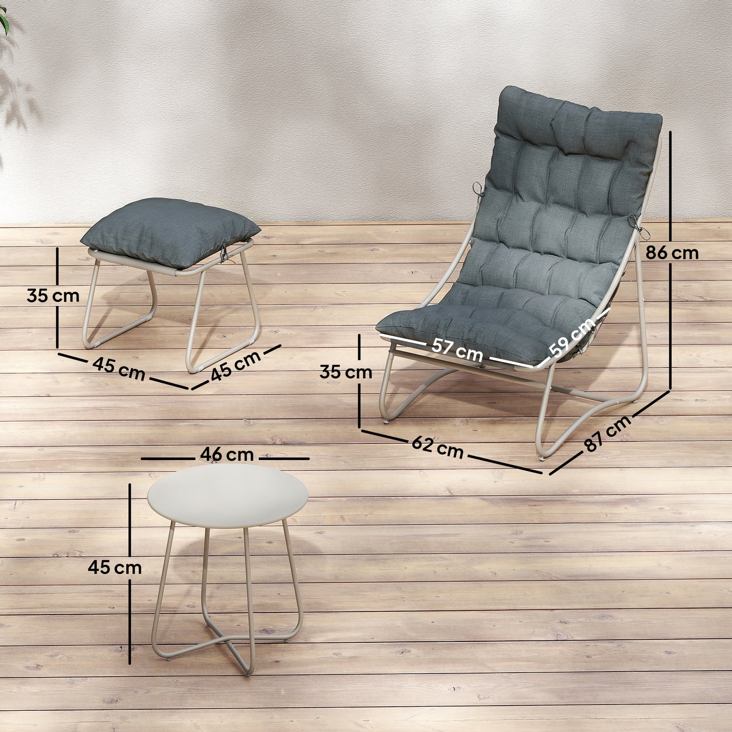3 Piece Garden Bistro Set | Chair, Footstool & Table | Teslin Mesh Seat | Removable Cushions | Steel Frame | All Season | Dark Grey
