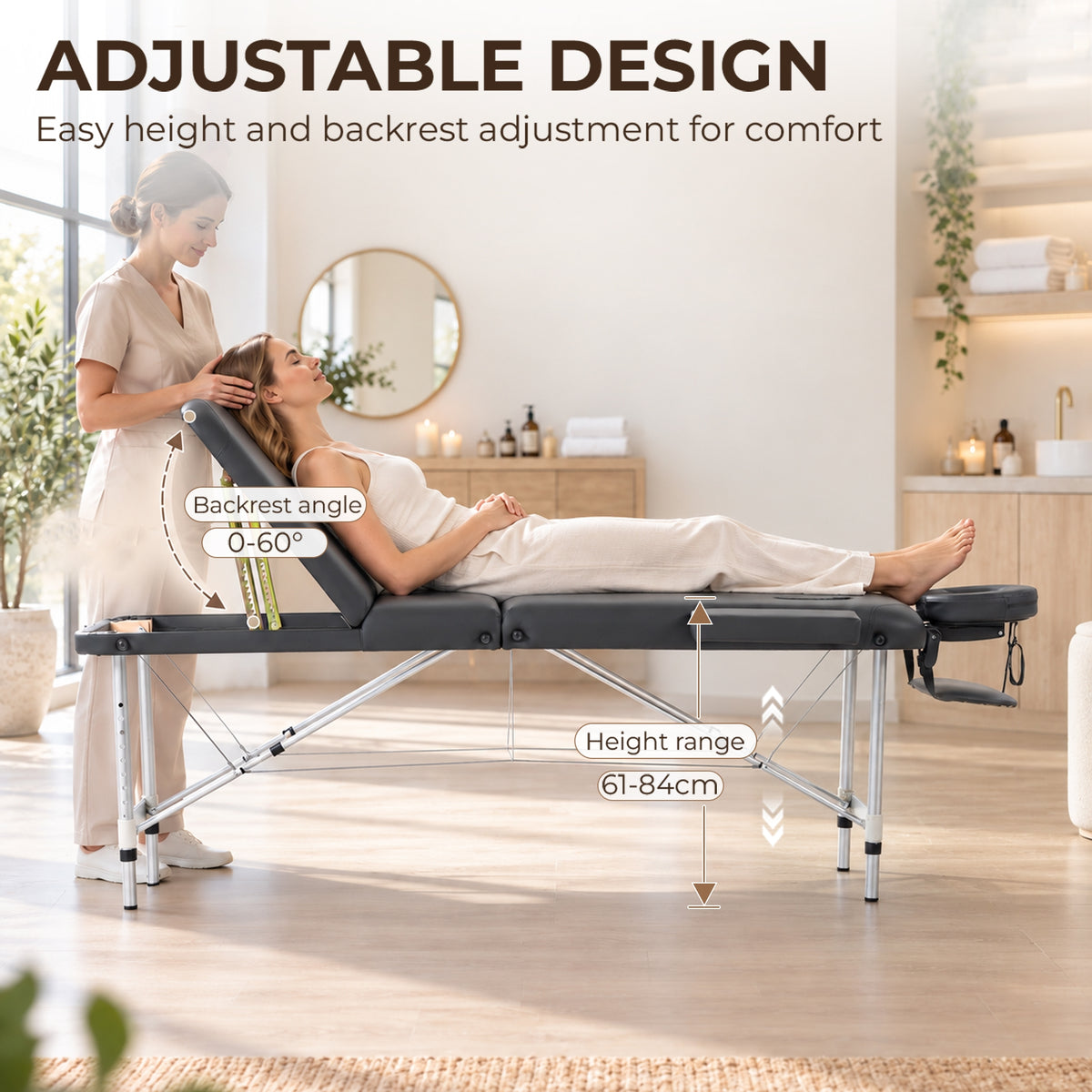 Portable Massage Table | 3-Section Folding Aluminium Beauty Couch | 9 Height Settings, Adjustable Backrest & Headrest | Black