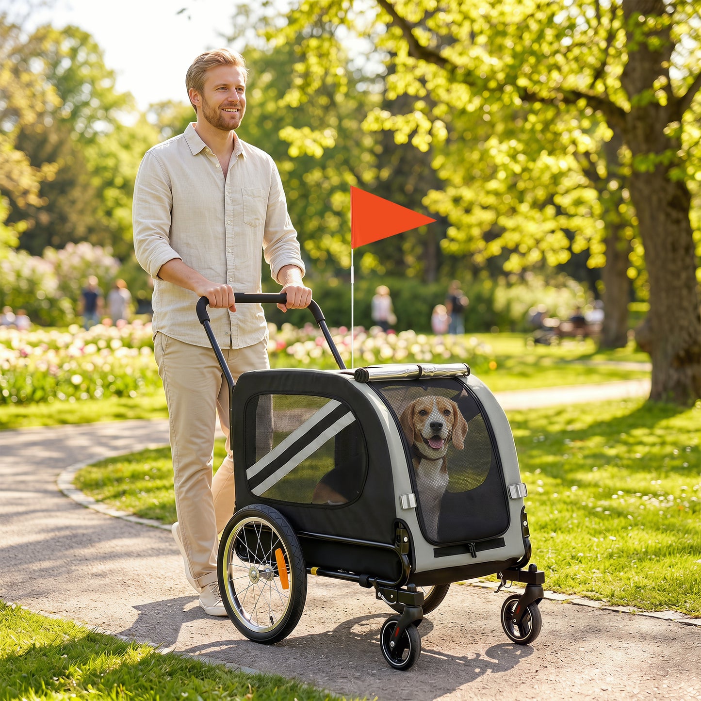 2-in-1 Dog Bike Trailer & Stroller | Mesh Windows | Plastic Curtain | Safety Harness, Flag & Reflectors | Foldable Quick-Release Wheels | Dogs up to 20kg | Grey