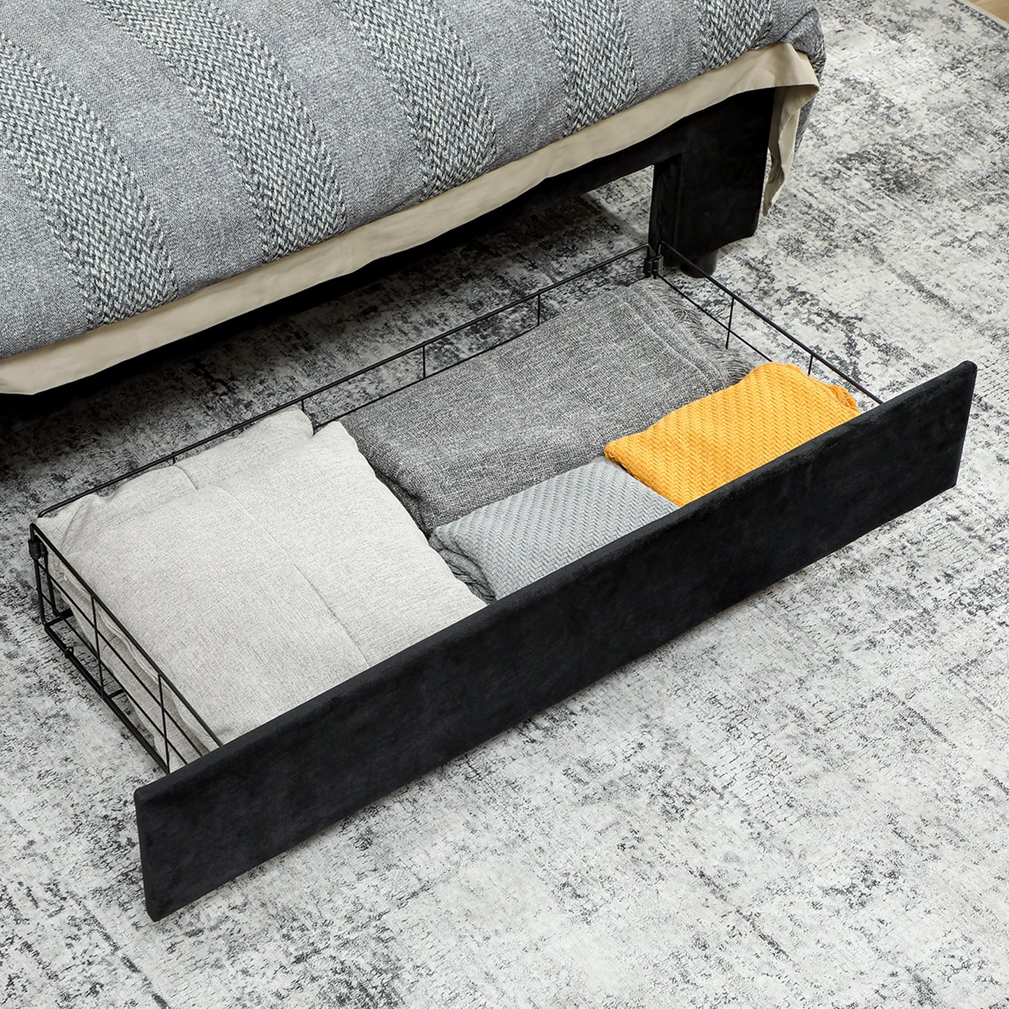 King Size Ottoman Bed Frame, with Front Drawer - Black / Cream White