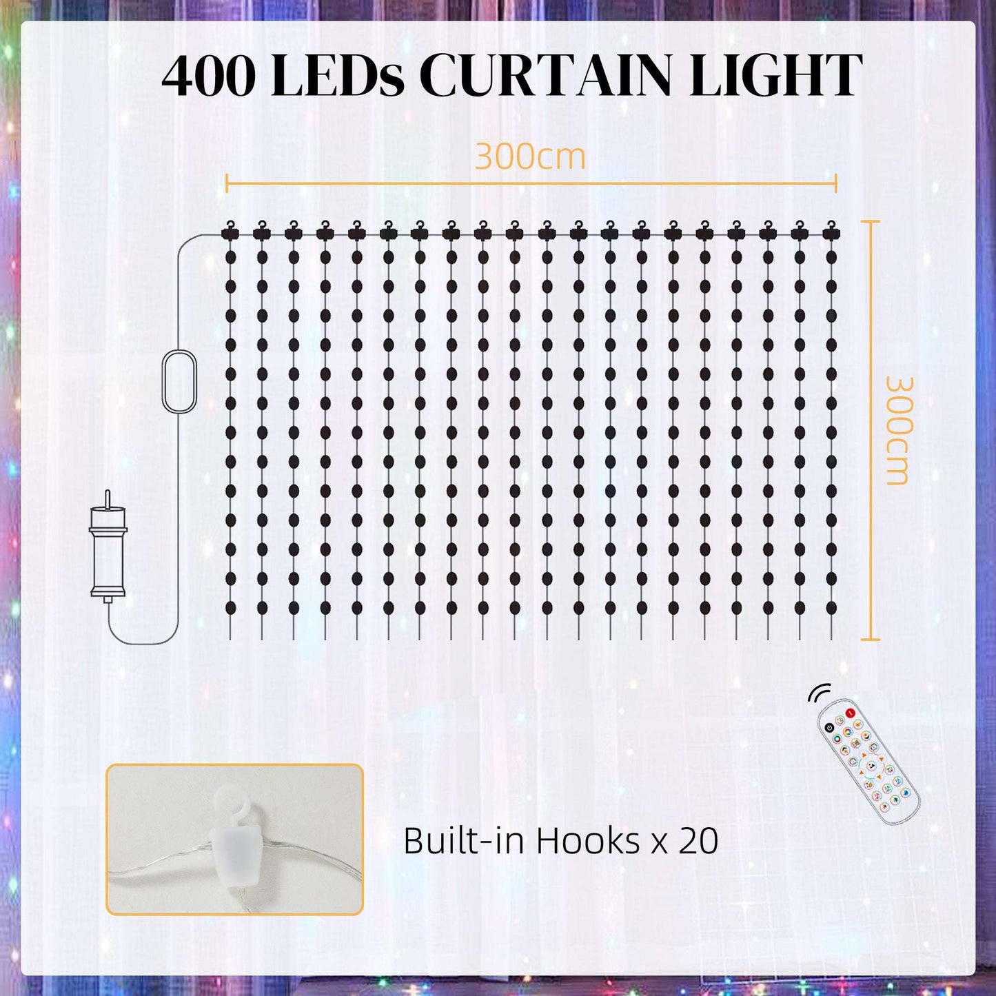 LED Curtain Lights, Smart Curtain lights Plug In, Colour Changing Wall Lights with Remote,Hanging Window String Lights for Bedroom, 3x3(m),400 LED