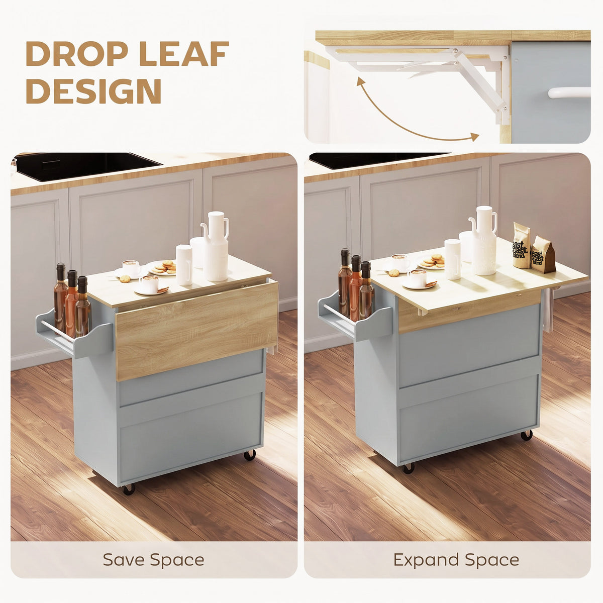 Kitchen Island Trolley with Drop-Leaf | Drawer | Cabinet & 3-Level Shelf | Spice Rack | Towel Rack | 4 Wheels 2 Brakes | Melamine Top | 50kg Total | 106x42x87cm | Grey / Black