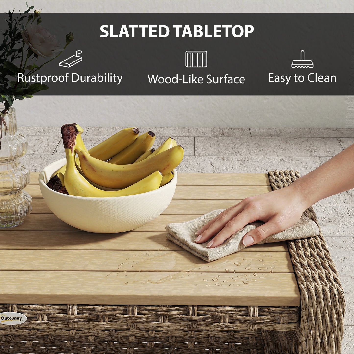 2-Tier Rattan Garden Coffee Table | Storage Shelf | Slatted Top | 50kg | Foot Pads | Light Brown