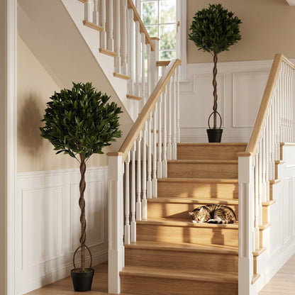 Set of 2 Artificial Bay Laurel Topiary Trees | 1209 PE Leaves | Twisted Trunk | Bendable Branches | UV-Resistant | Weighted Cement Pots | Indoor & Outdoor | 50 x 150cm | Green