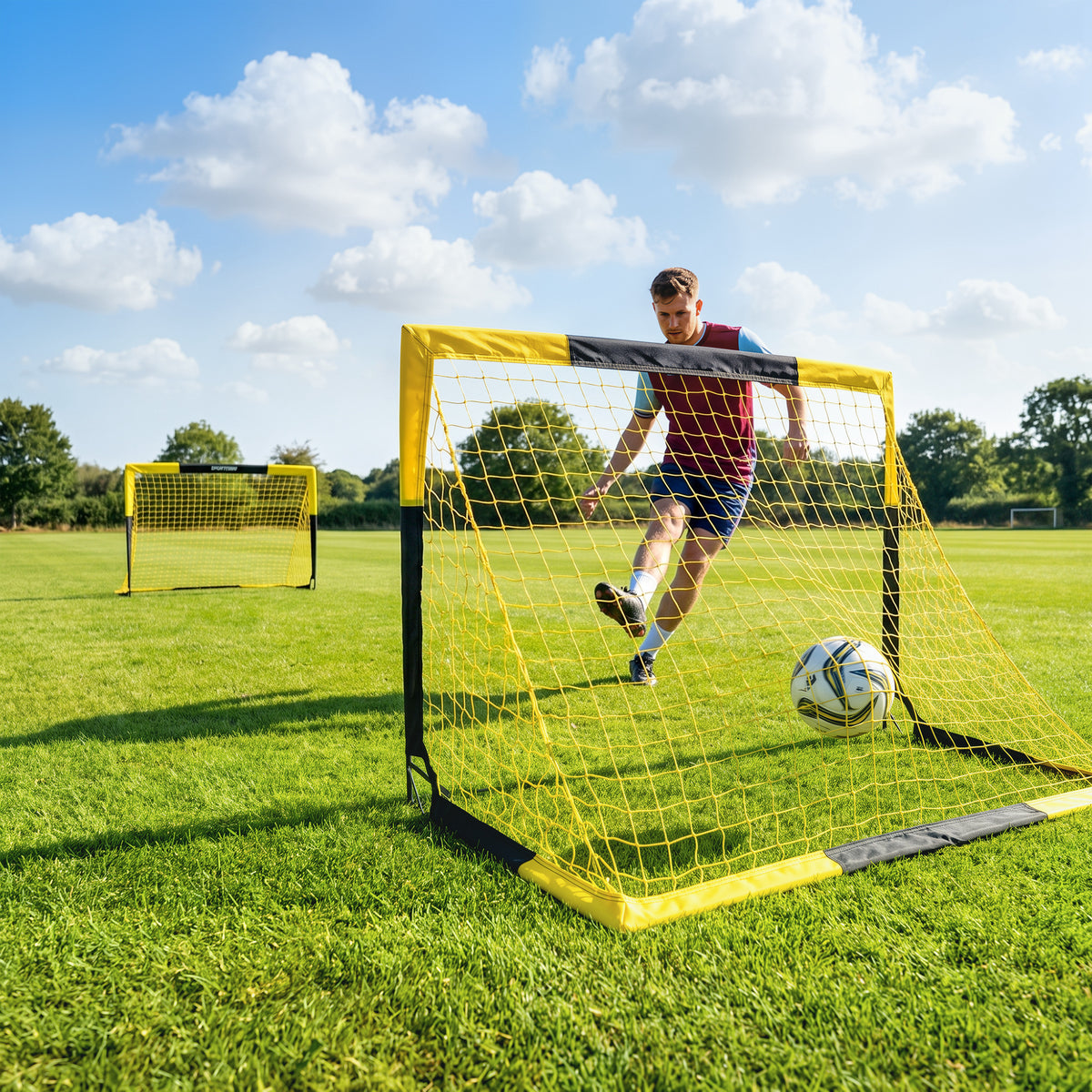 Set of 2 Pop-Up Football Goals | Instant Open & Fold Flat | Fibreglass Poles & Metal Tubes | Polyester Net | Oxford Edging | 8 U-Shaped Stakes | Carry Bag | 150x110x110cm | Age 5+ | Yellow & Black