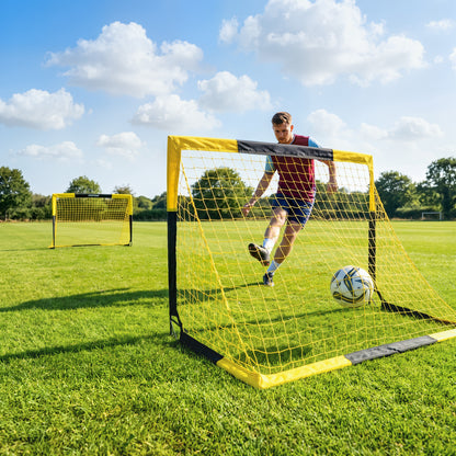 Set of 2 Pop-Up Football Goals | Instant Open & Fold Flat | Fibreglass Poles & Metal Tubes | Polyester Net | Oxford Edging | 8 U-Shaped Stakes | Carry Bag | 150x110x110cm | Age 5+ | Yellow & Black