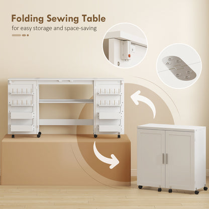 Folding Sewing & Craft Table | 20 Spool Pegs | 4 Storage Bins | Machine Shelf | 6 Wheels (4 Lockable) | 54kg | White