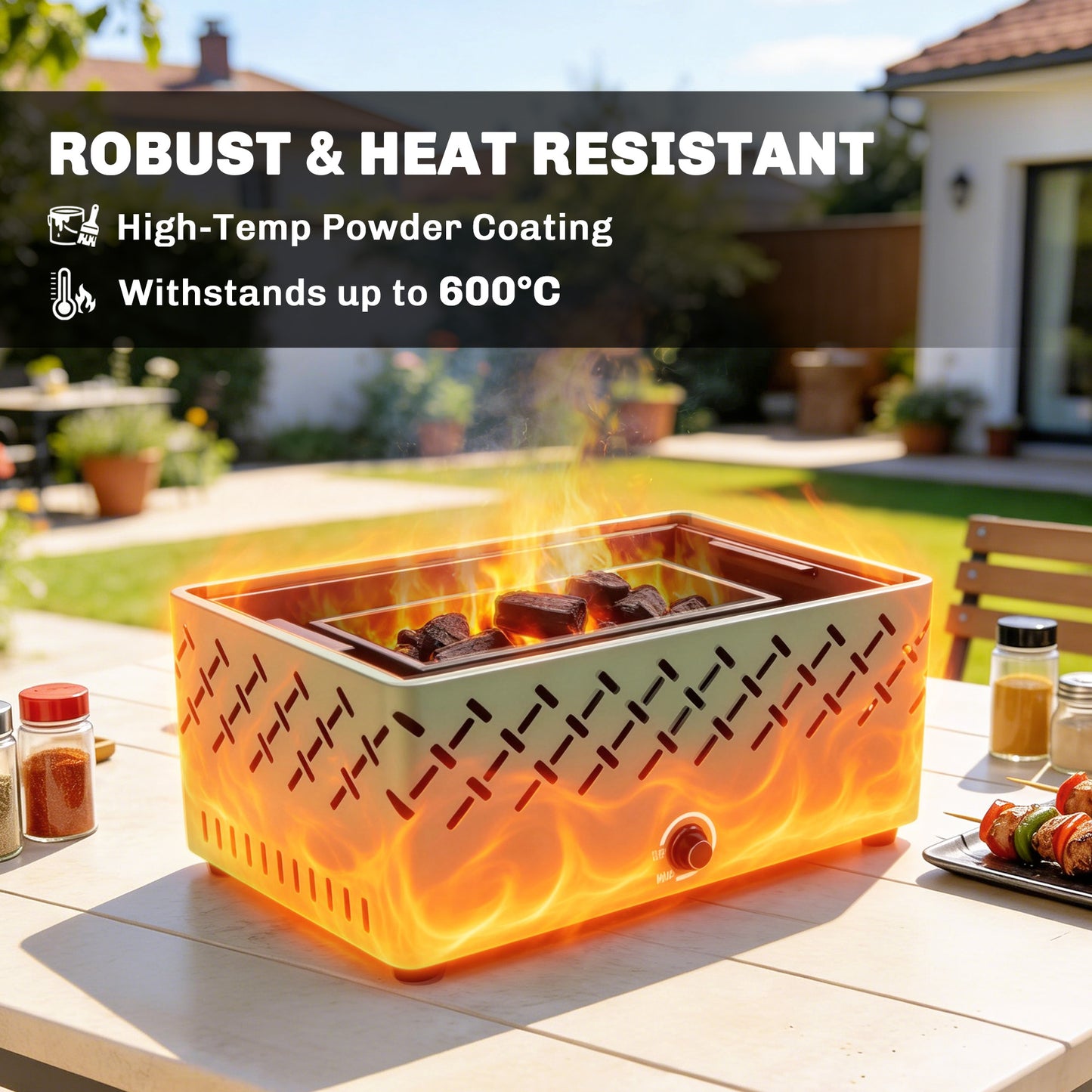 Portable Battery-Powered Charcoal BBQ Grill – Built-In Fan, Stepless Heat Control, 600°C Rated, 45.5x29cm Grill Surface, For Camping & Garden – Light Green